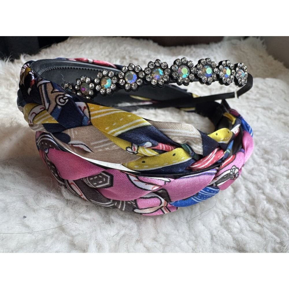 3 PC Hair Accessories Bundle Lot Headband Braided Satin & Thin Rhinestone NEW